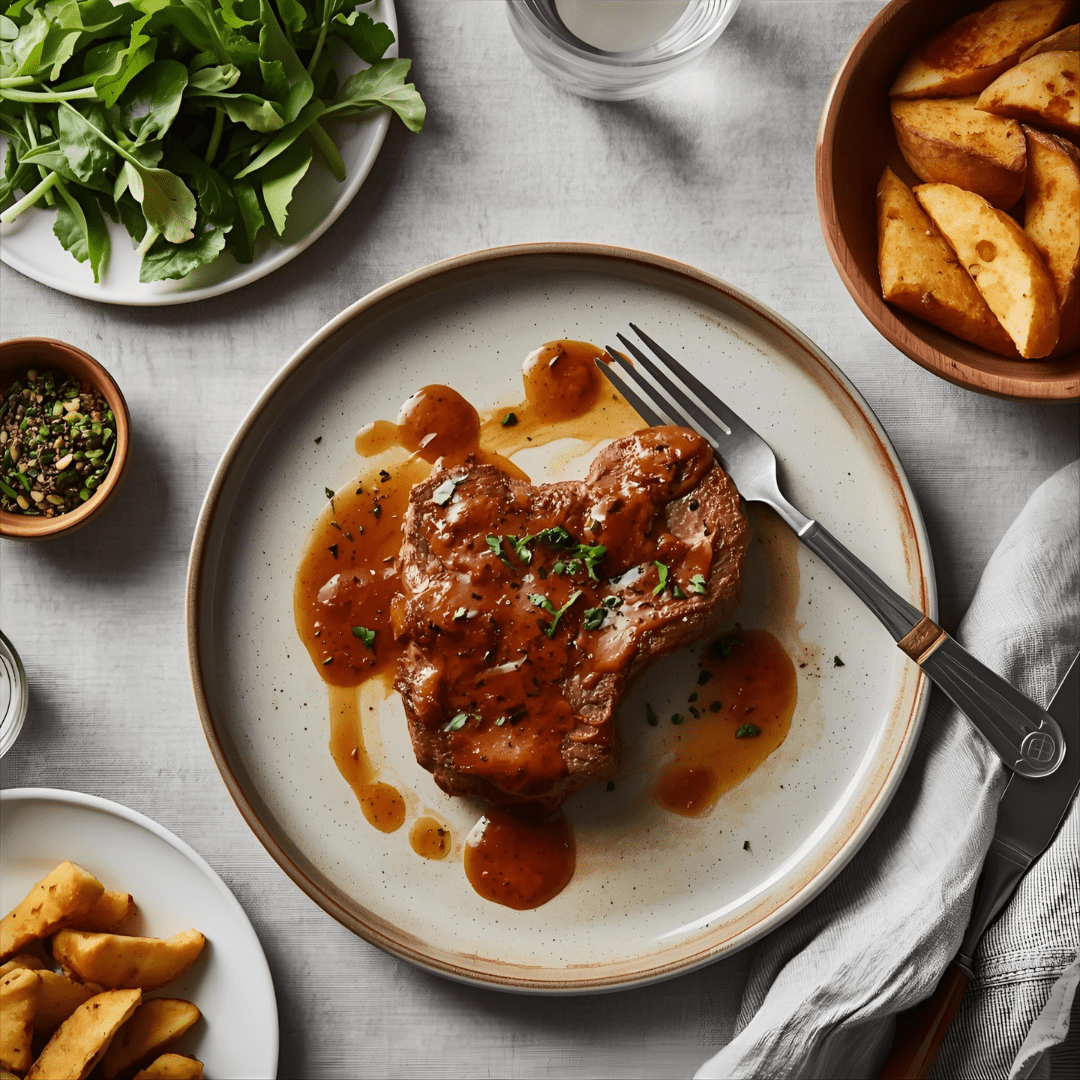Image of steak with Urban Forager chutney/jam jus made from steak pan juices. served with greens and wedges as sides at the dinner table